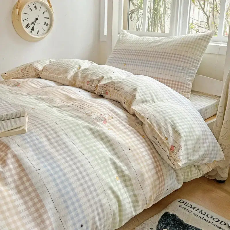 Pastel checkered cotton printed student bedding set with embroidered animal motifs for bedroom decorbites decor