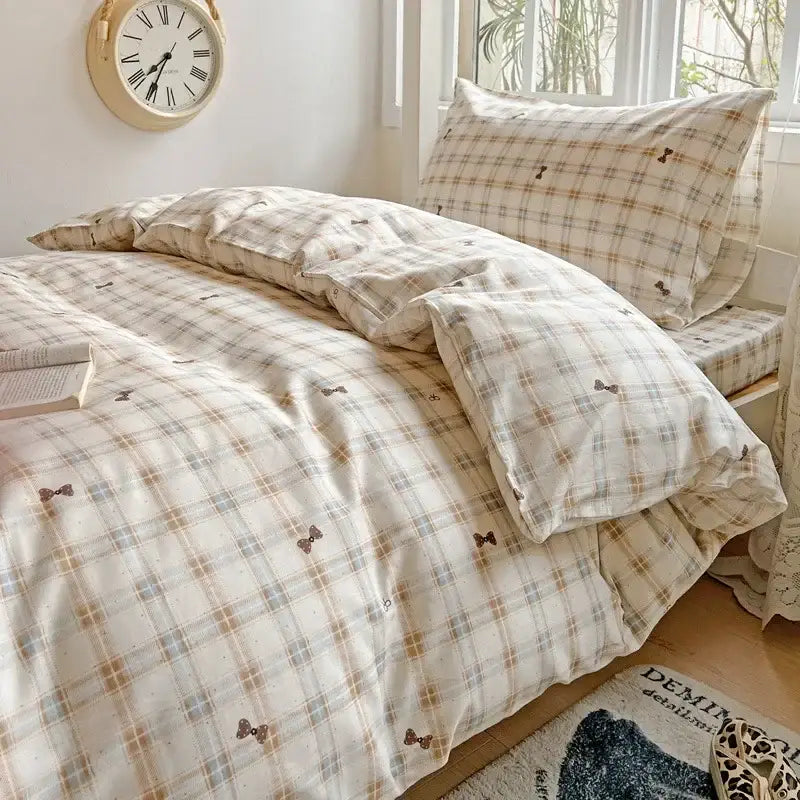Pastel checkered cotton printed student bedding set with plaid beige tan light blue stripes and brown bowtie decorbites cotton printed