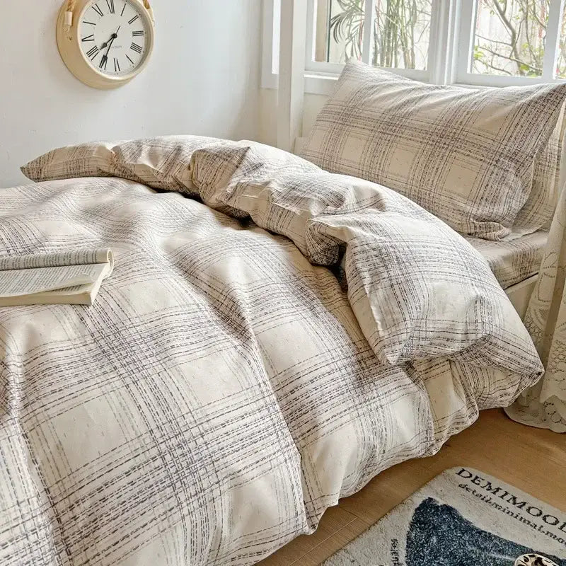 Beige and gray plaid bedding set with soft textured fabric decorbites cotton printed student bedroom decor
