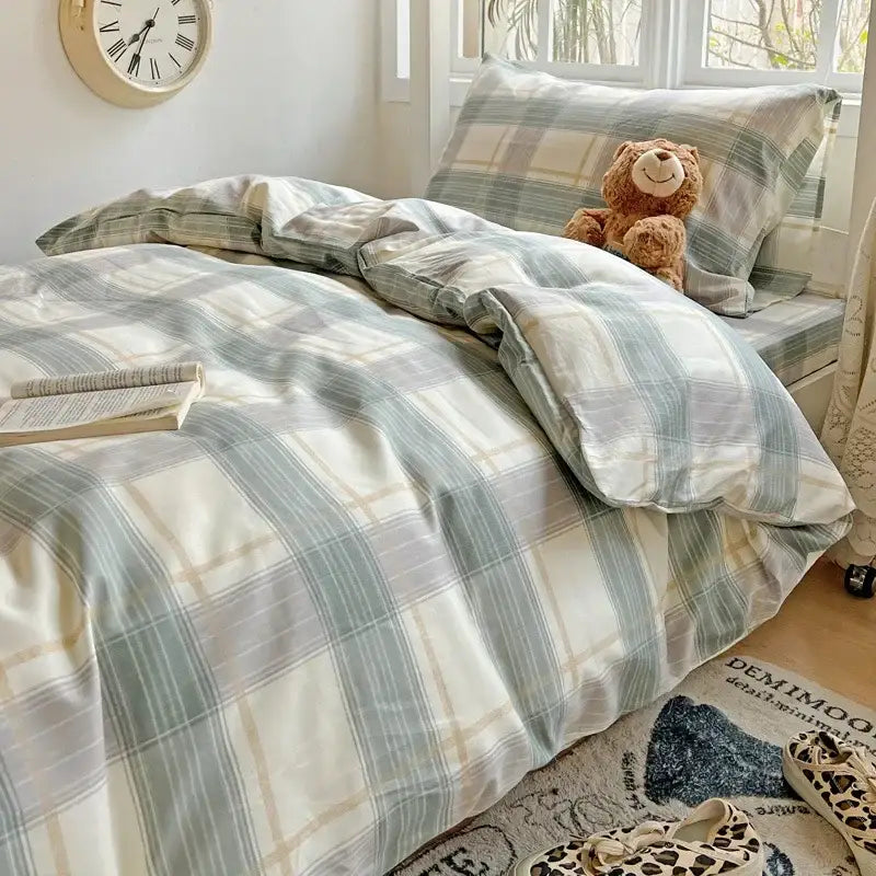 Pastel checkered cotton printed student bedding set in soft sage green cream and beige tones with subtle sheen decorbites cotton printed