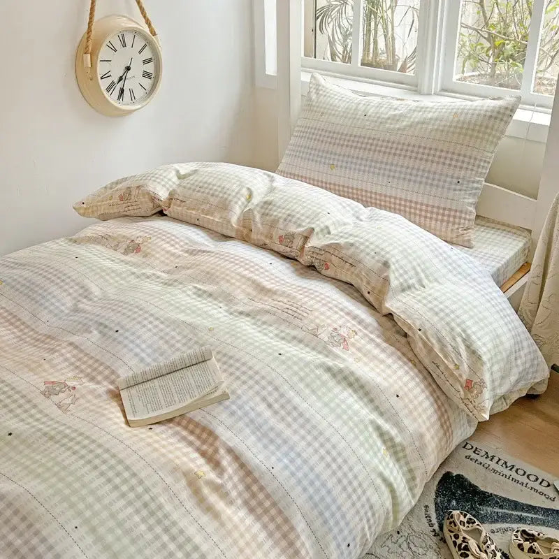 Pastel checkered cotton printed student bedding set with soft vintage-style character illustrations for bedroom decorbites cotton printed decor