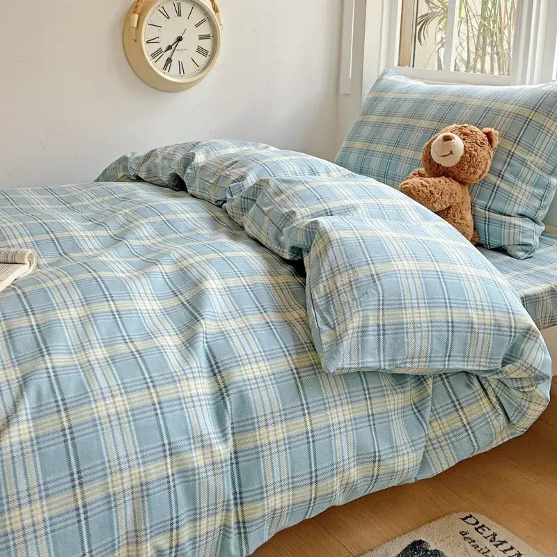 Light blue and cream plaid cotton printed student bedding set with a soft cozy texture for bedroom decorbites decor