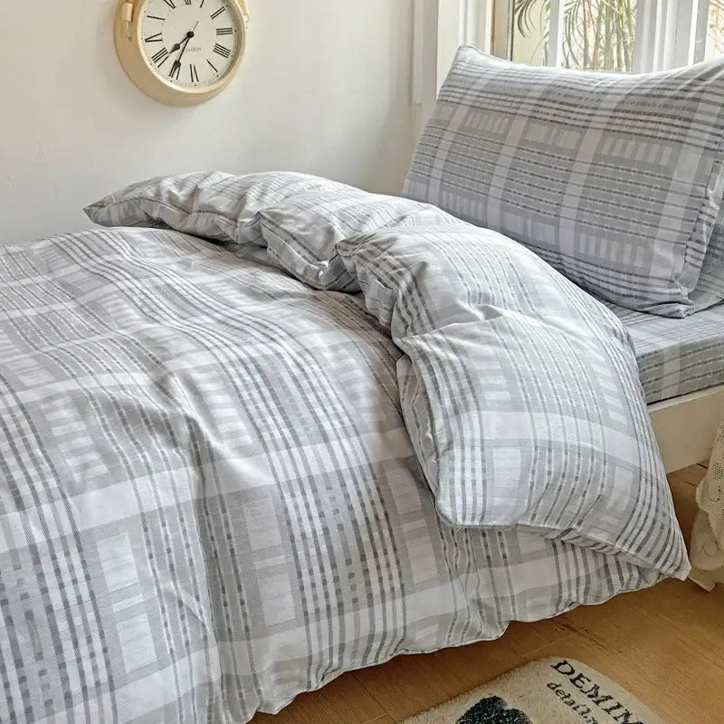 Gray and white plaid bedding set with soft textured fabric decorbites cotton printed student bedroom decor