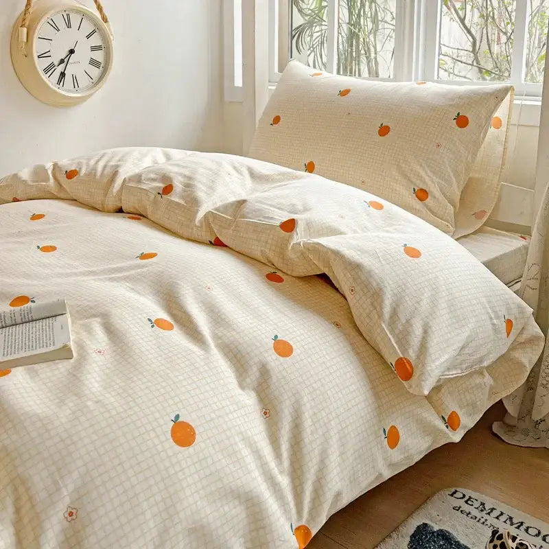Cream-colored cotton printed student bedding set with subtle grid pattern and orange fruit decorbites cotton printed design