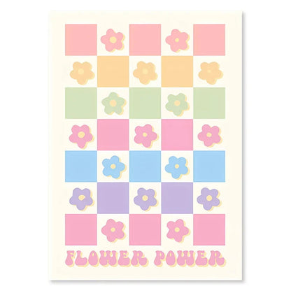 Pastel Checkered Smiley Flower Wall Art Print - Posters
