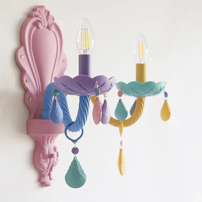 Pastel colorful crystal cartoon led chandelier wall sconce with painted metal arms and decorative teardrop pendants for kids room