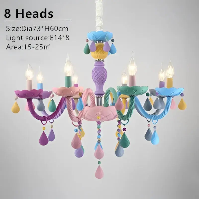 Pastel colorful crystal cartoon led chandelier with eight ornate arms and teardrop beads for kids bedroom decorbites colorful crystal