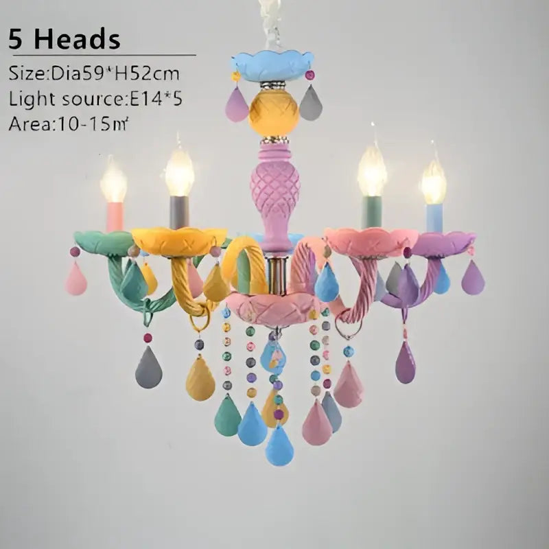 Pastel colorful crystal cartoon led chandelier with five ornate arms and teardrop beads for kids bedroom decorbites colorful crystal