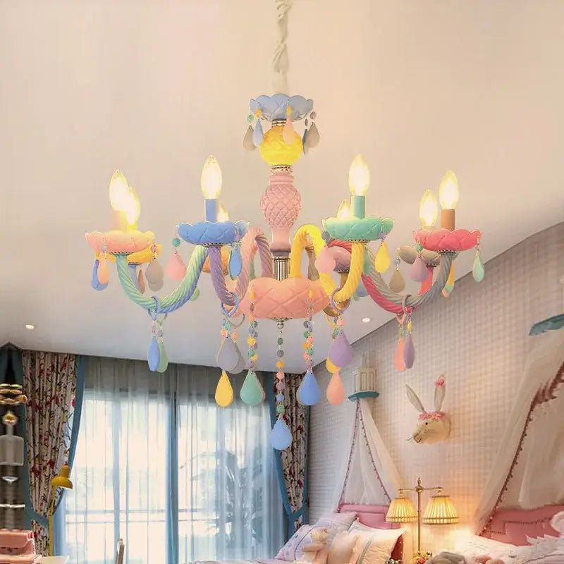 Pastel colorful crystal cartoon led chandelier with painted ceramic arms and teardrop ornaments for kids bedroom decorbites colorful crystal