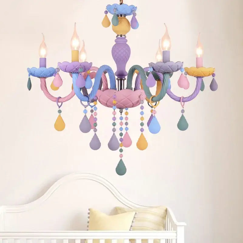 Pastel colorful crystal cartoon led chandelier with painted ceramic arms and teardrop beads for kids bedroom decorbites colorful crystal