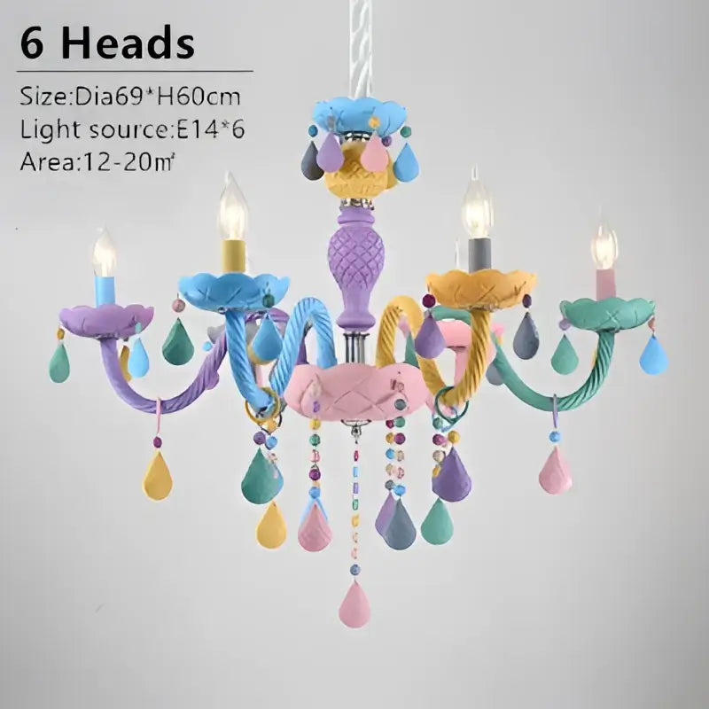 Pastel colorful crystal cartoon led chandelier with six arms and teardrop beads for kids bedroom decorbites colorful crystal