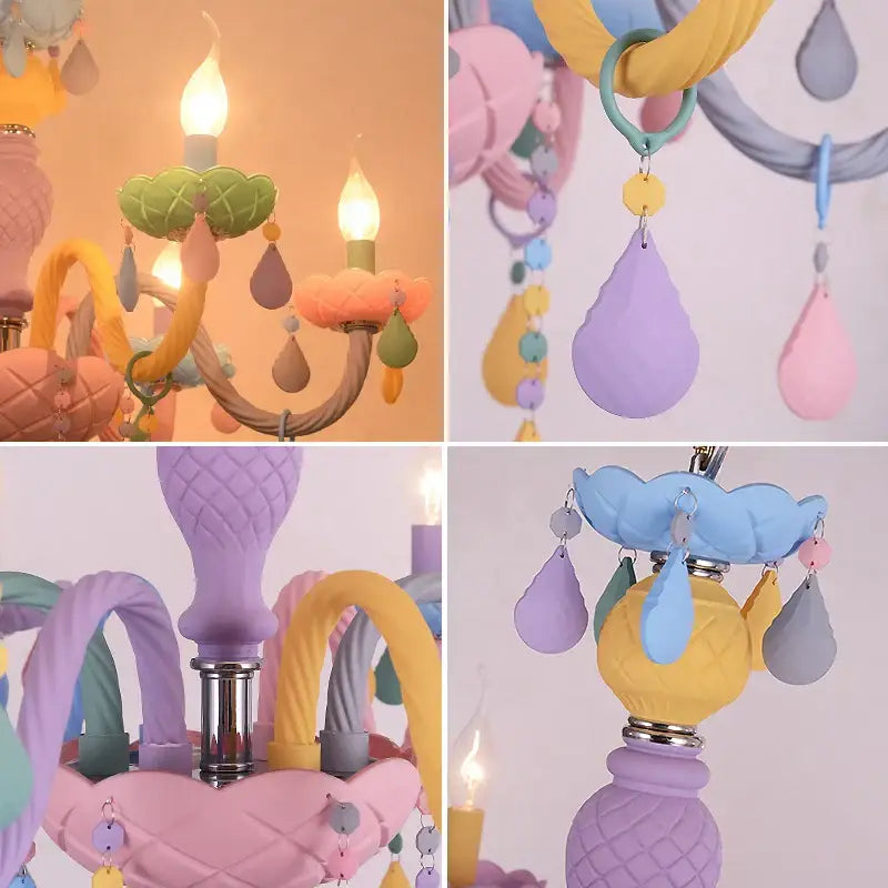 Pastel colorful crystal cartoon led chandelier featuring whimsical candy-like pineapple ornaments in soft purple yellow pink blue and green for kids bedroom decorbites colorful crystal