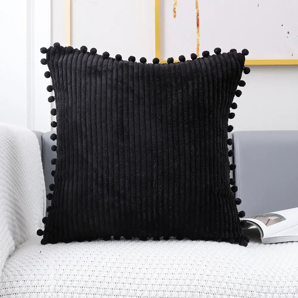 Black corduroy pompom cushion cover with black pom-poms for decorbites corduroy pompom living room decor