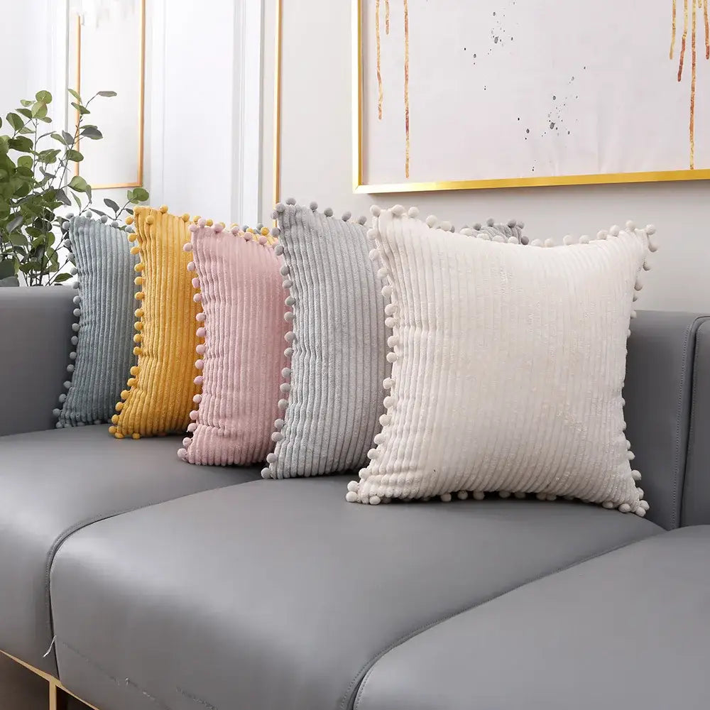 Set of five pastel corduroy pompom cushion covers with fluffy trim for living room decorbites corduroy pompom throw pillows
