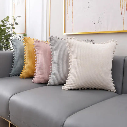 Set of five pastel corduroy pompom cushion covers with fluffy trim for living room decorbites corduroy pompom throw pillows