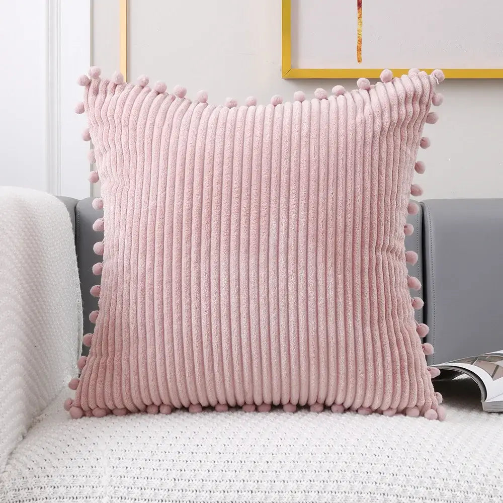 Pastel soft pink corduroy pompom cushion cover with vertical ribs for living room decorbites corduroy pompom pillow