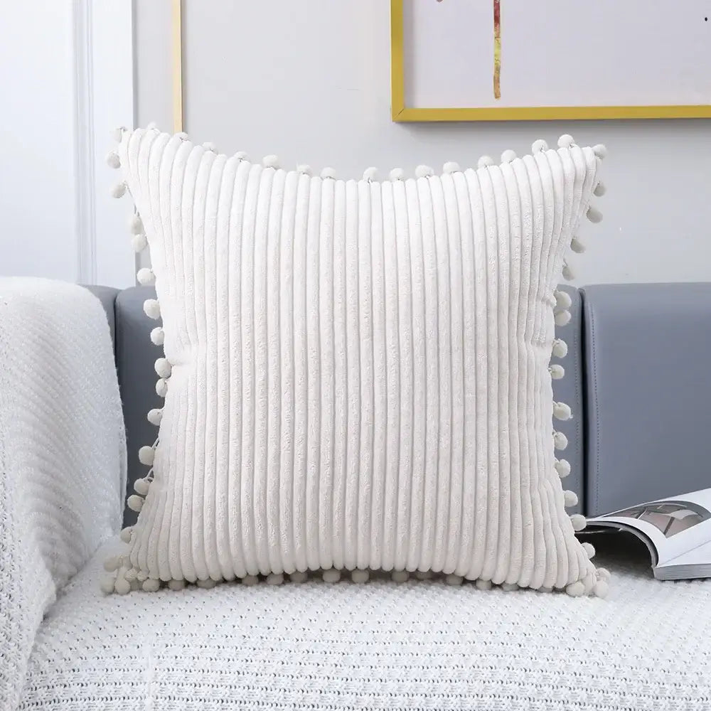 White corduroy pompom cushion cover with fluffy edges for living room decorbites corduroy pompom throw pillow