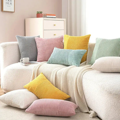 Set of pastel and mustard decorbites corduroy striped body pillows with ribbed texture for bedroom lumbar support
