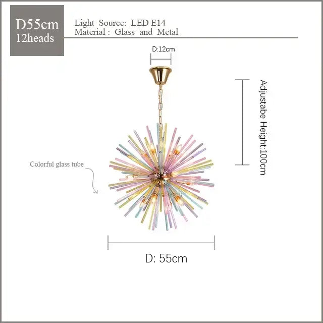 A decorbites dandelion pendant lamp with 12 colorful glass tubes on a brass starburst fixture for kids bedroom decor