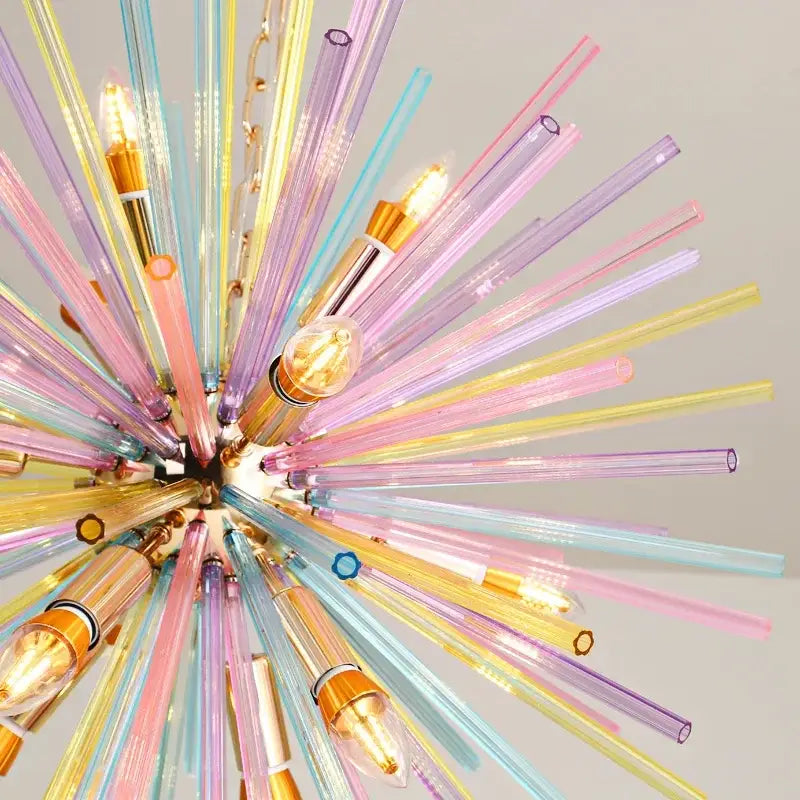 A decorbites dandelion pendant lamp featuring a pastel multi-colored glass starburst chandelier for kids bedroom decor