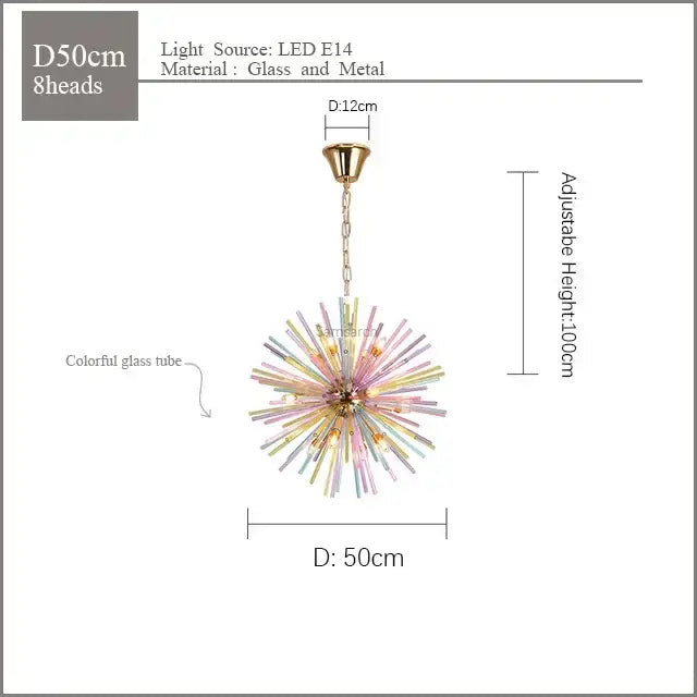A decorbites dandelion pendant lamp featuring eight colorful glass tubes and a brass fixture for kids bedroom decor