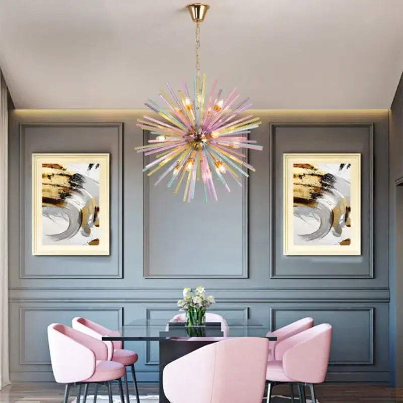 A pastel dandelion pendant lamp with slender glass arms in pink yellow and lavender by decorbites dandelion pendant