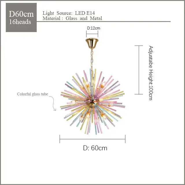 A vibrant pastel dandelion pendant lamp with 16 colorful glass tubes and brass fixture for kids bedroom decorbites dandelion