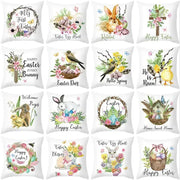 Pastel easter egg bunny pillow cover featuring soft pastel colors and charming spring motifs on a white background