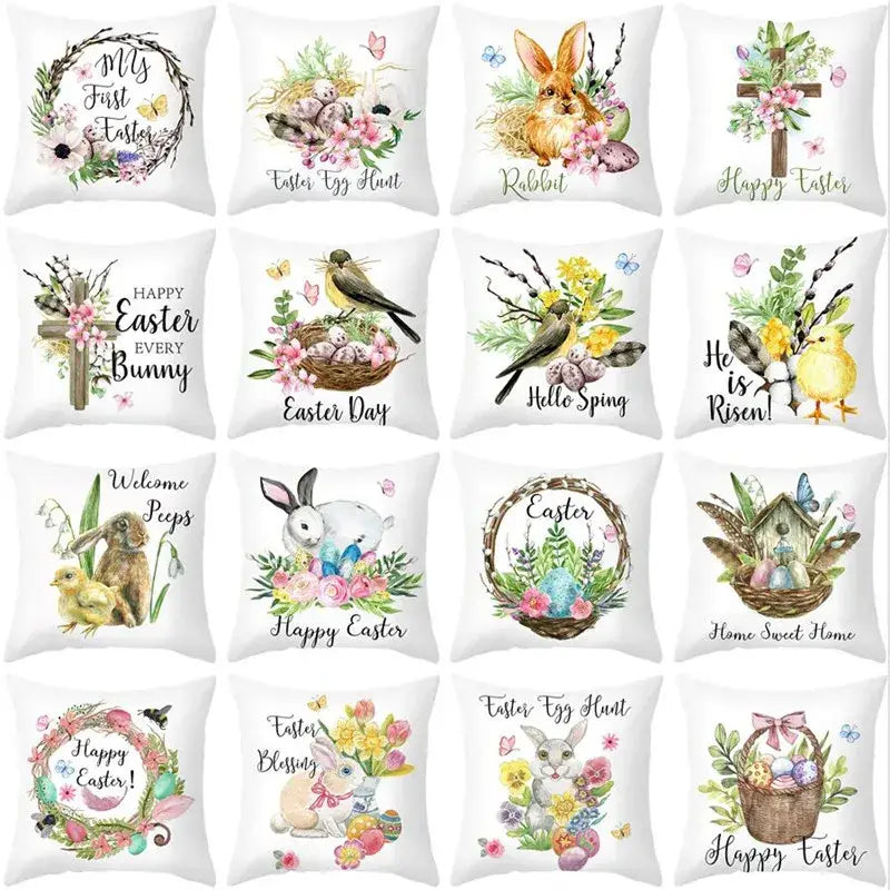 Pastel easter egg bunny pillow cover featuring soft pastel colors and charming spring motifs on a white background
