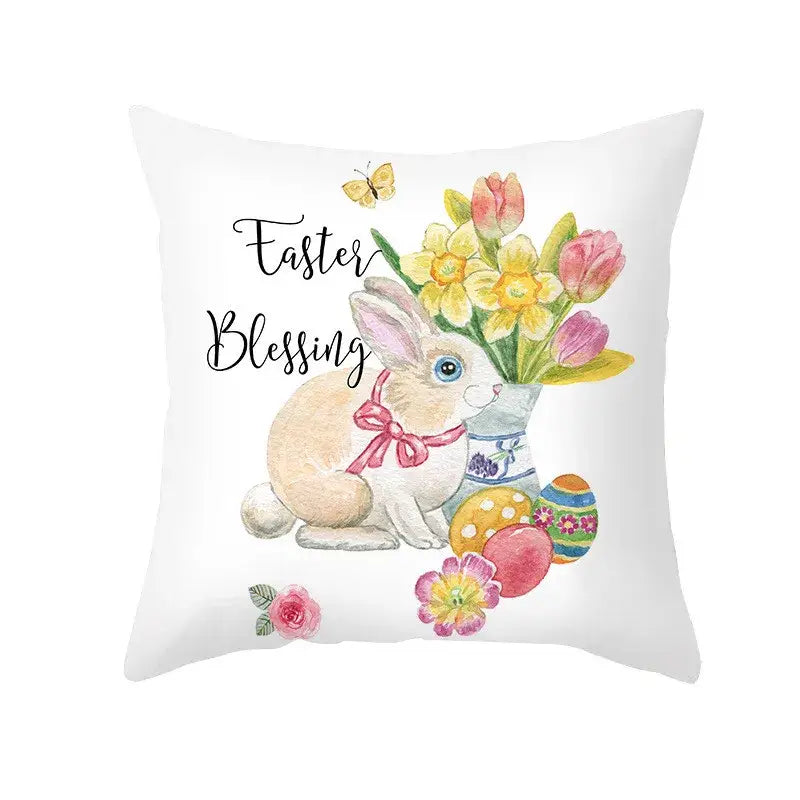 White throw pillow cover with pastel easter egg bunny watercolor and spring flowers for living room decor