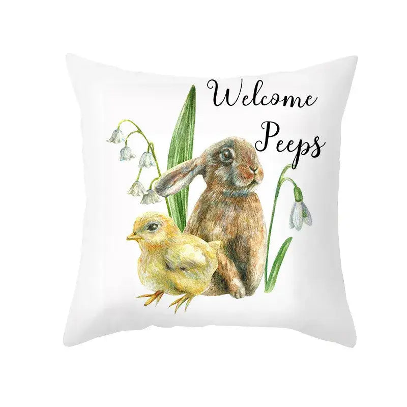 White throw pillow cover with easter egg bunny watercolor illustration and welcome peeps text for spring decor