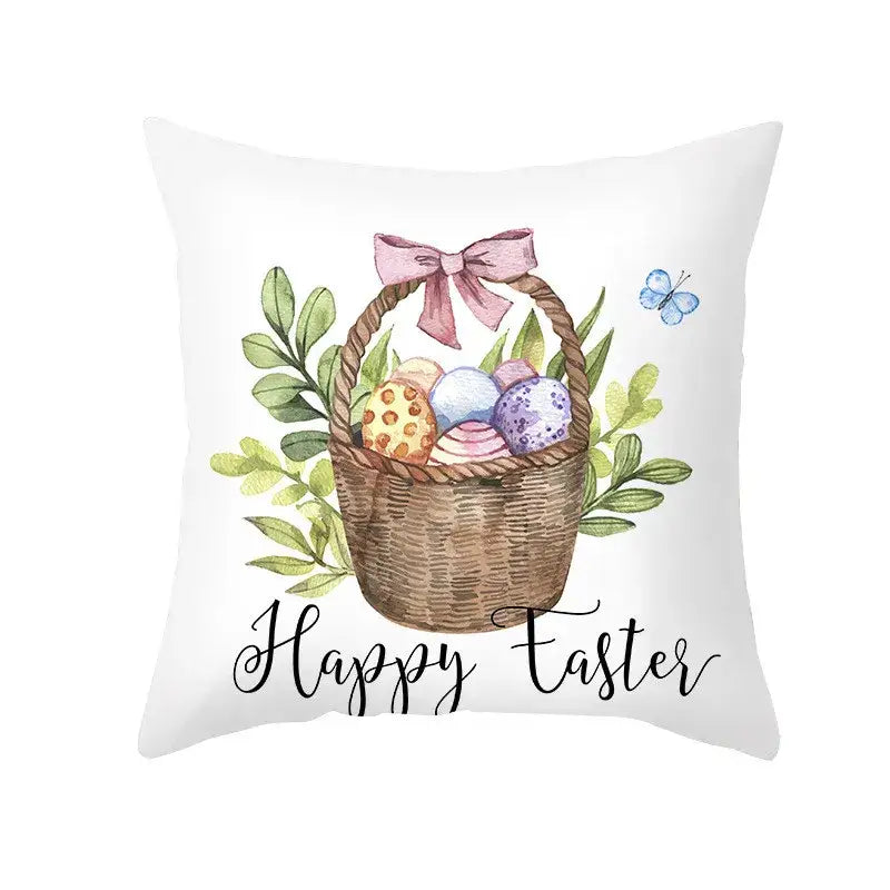 White throw pillow cover with a watercolor easter egg bunny wicker basket and pastel decor for spring living room