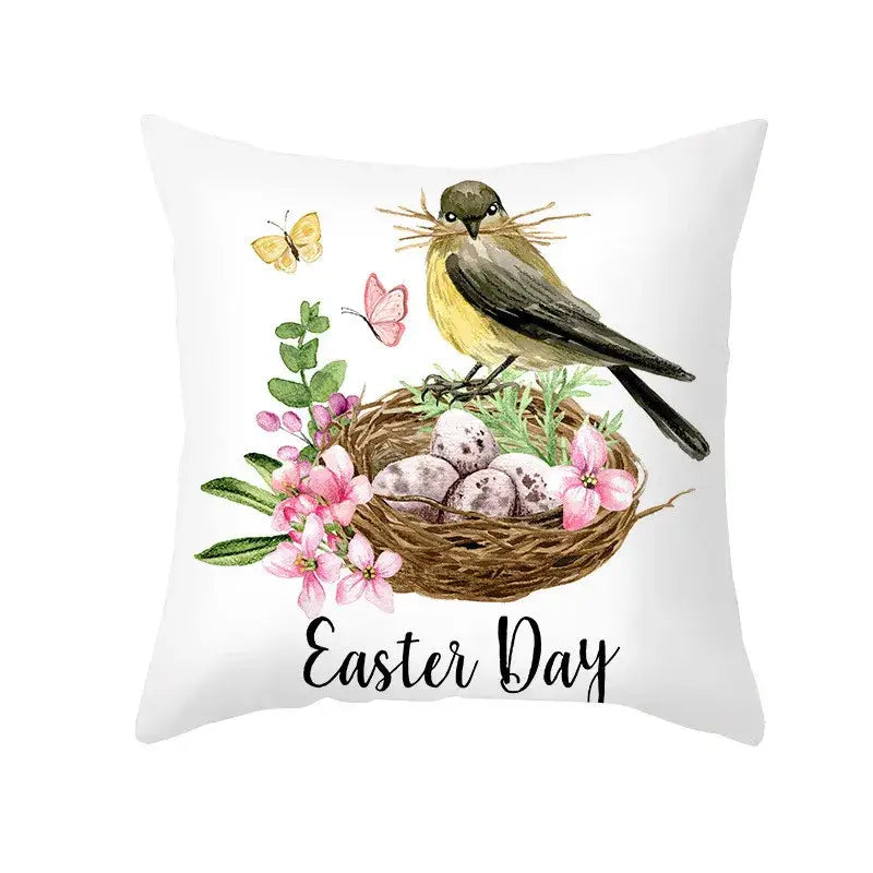 White throw pillow cover with watercolor yellow and gray bird nest easter egg bunny spring decor design