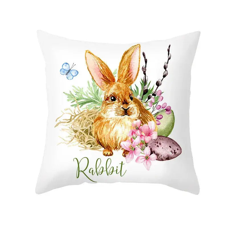 White throw pillow cover featuring easter egg bunny watercolor illustration with rabbit and floral spring decor
