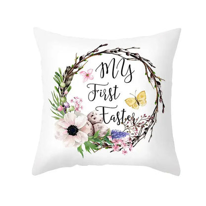White throw pillow cover with easter egg bunny wreath design and my first easter text for spring decor