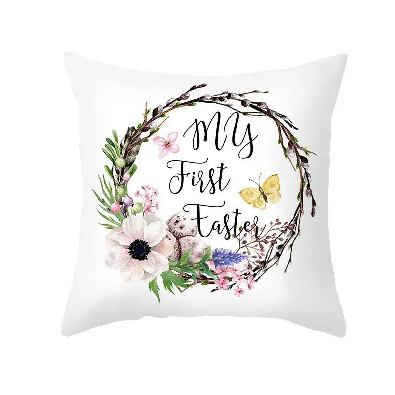 White throw pillow cover with easter egg bunny wreath design and my first easter text for spring decor