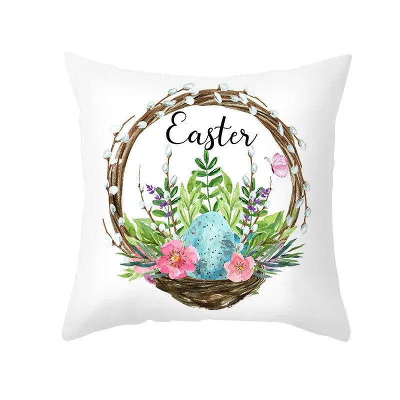 White throw pillow cover with pastel easter egg bunny watercolor design featuring greenery pink flowers for spring decor