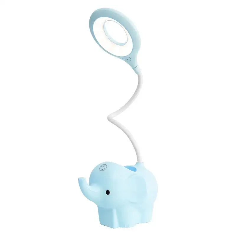Pastel light blue elephant led table lamp with flexible gooseneck and circular led head for eye protection decorbites elephant led