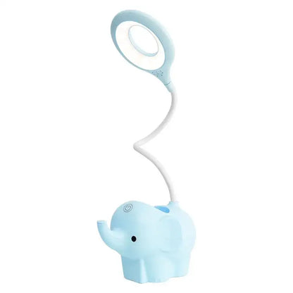 Pastel light blue elephant led table lamp with flexible gooseneck and circular led head for eye protection decorbites elephant led