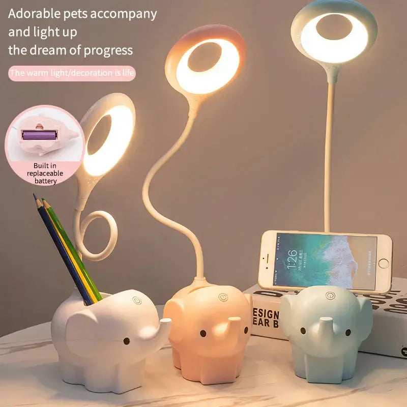 Pastel elephant led table lamps in white peach and light blue with flexible gooseneck arms decorbites elephant led