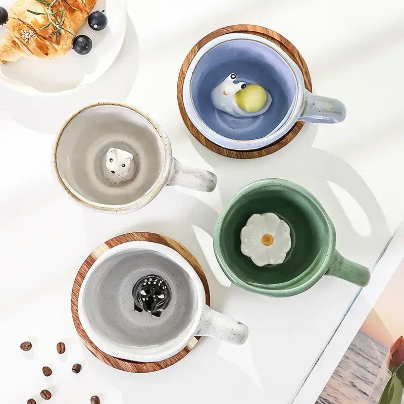 Ceramic pastel floral and celestial cartoon animal coffee mugs with whimsical decorbites 3d cartoon figurines inside