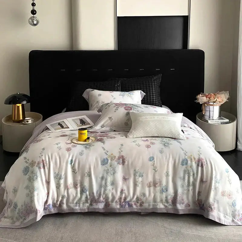 Off-white satin duvet cover with pastel pink blue and lavender flowers prints bedding set by decorbites