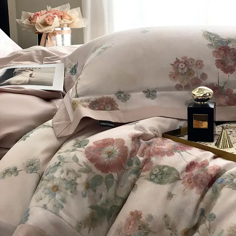 Pastel floral flowers prints satin bedding set in blush pink with delicate pink and green flowers prints bedding for bedroom decorbites