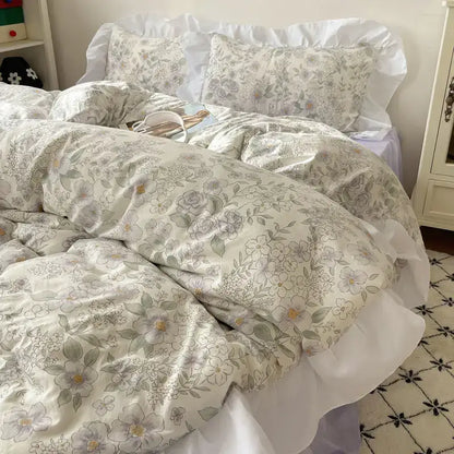 Pastel floral korean lace bedding set features soft off-white fabric with delicate ruffled edges and grayish-green flowers