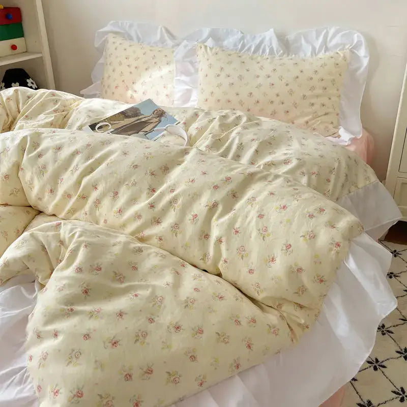 Cream-colored pastel floral korean lace bedding set with delicate pink blossoms on soft textured fabric decorbites korean lace