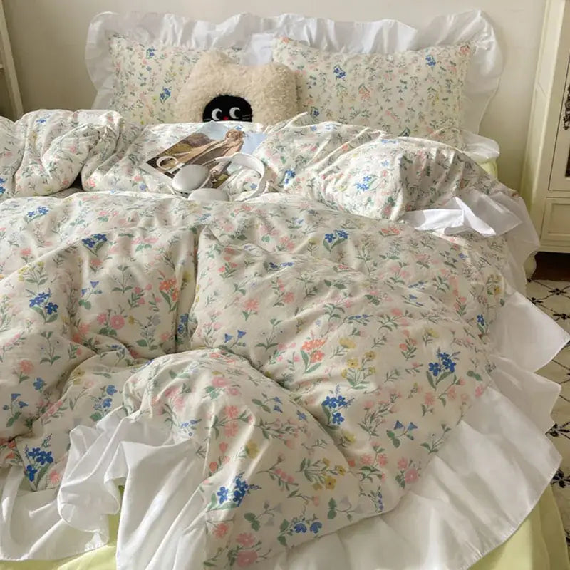 Pastel floral korean lace bedding set with delicate ruffled edges in soft colors by decorbites korean lace bedding