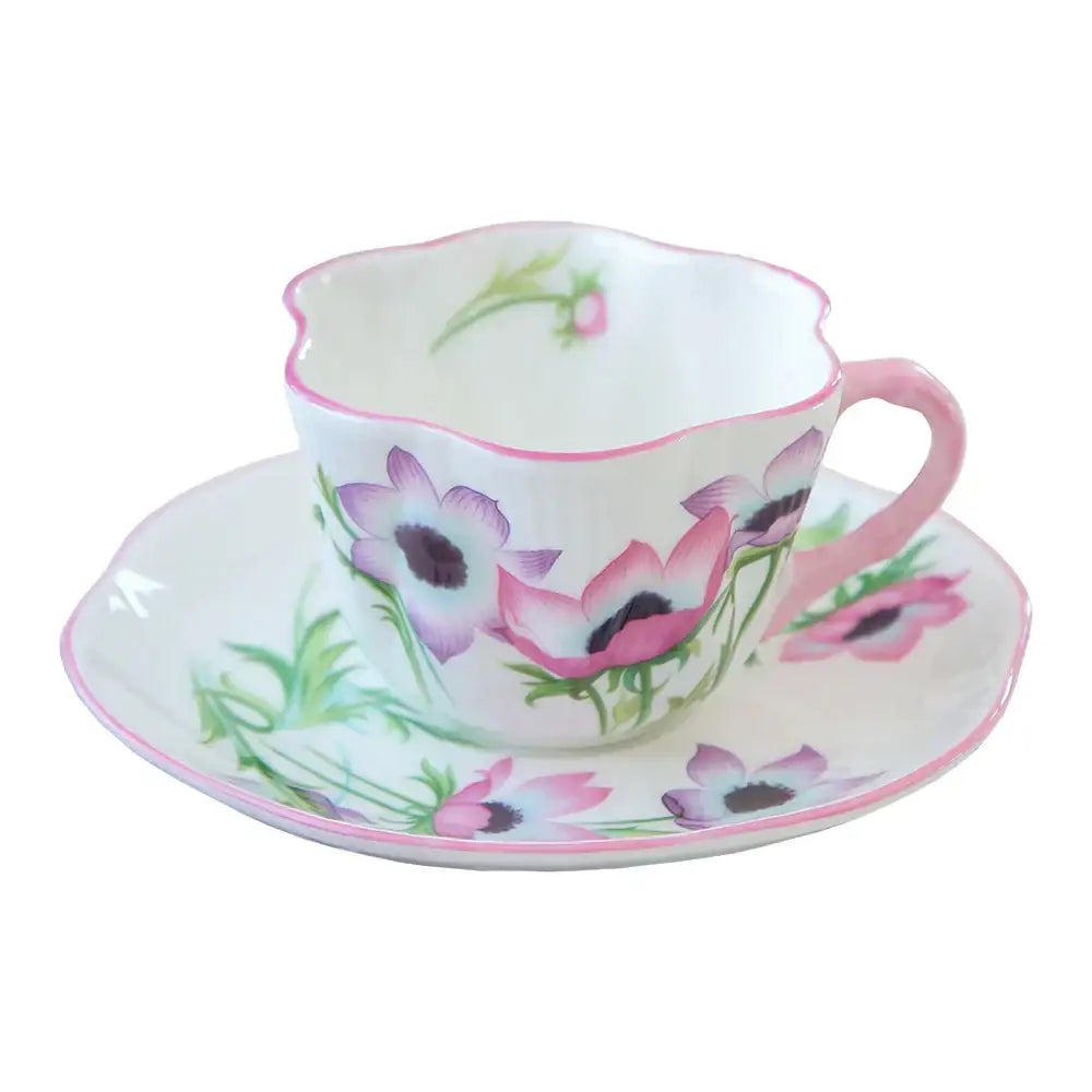 Pastel floral porcelain coffee cup and saucer set with delicate hand-painted anemone flowers by decorbites bone