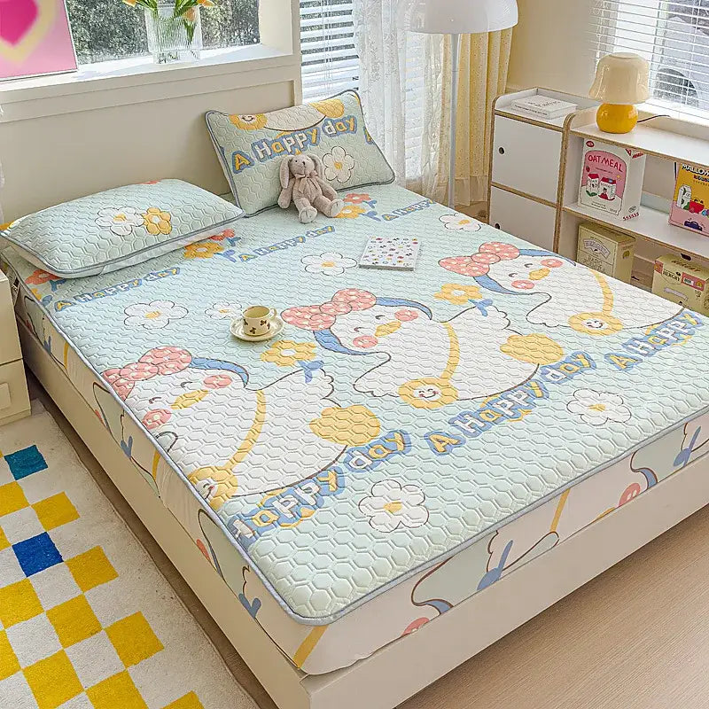 Light blue quilted latex fitted sheet set bed pad with cartoon penguins pink bows happy day text and white flowers