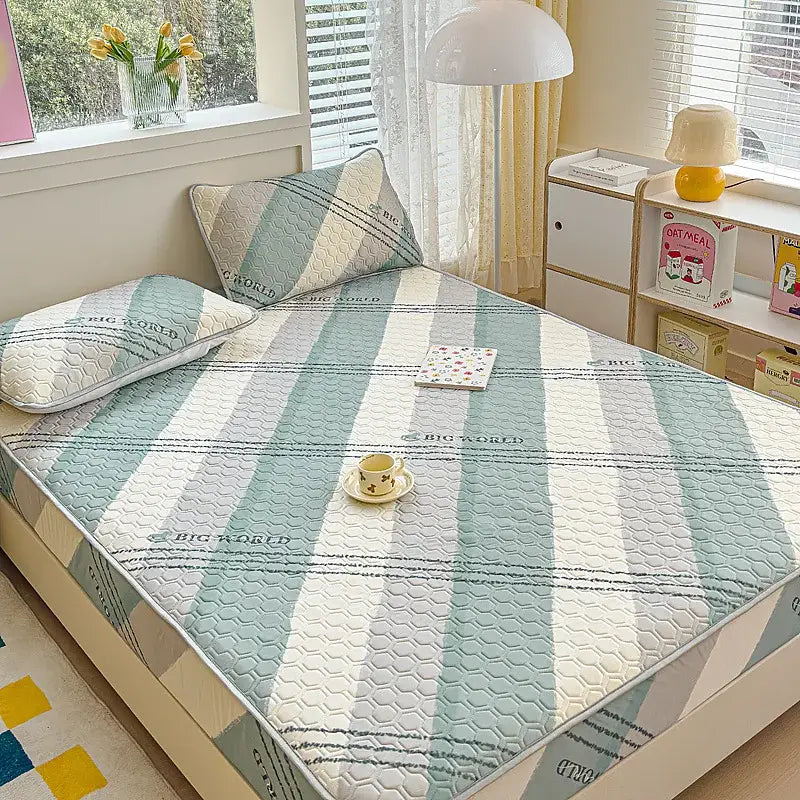 Quilted latex fitted sheet set bed pad with mint green off-white gray stripes and honeycomb texture for bedroom use