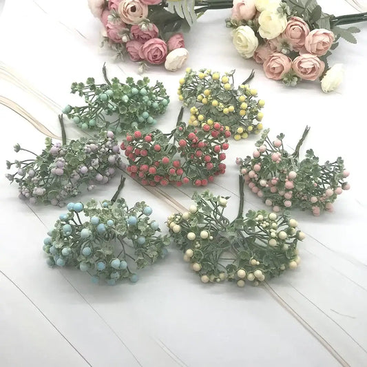 Pastel foam ball artificial flower set with pink blue yellow and white berry-like blossoms for living room decorbites decor